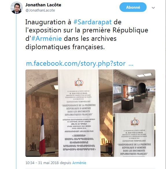 Inauguration à Sardarapat de l&rsquo;exposition sur la première République d&rsquo;Arménie dans les archives diplomatiques françaises.