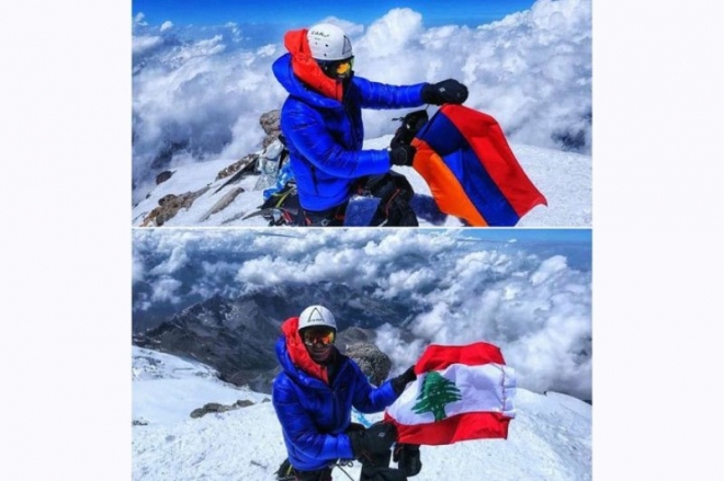 Narek Panossian déploie les drapeaux de l’Arménie et du Liban au sommet du mont Elbrouz (5 642 m) le point culminant de l’Europe
