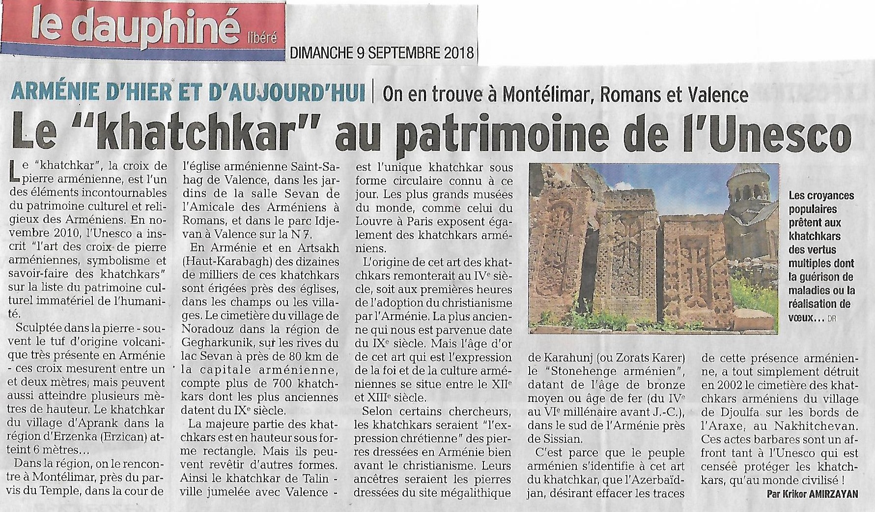 Le Dauphiné Libéré (édition de Valence) : Le « khatchkar » au patrimoine de l’Unesco