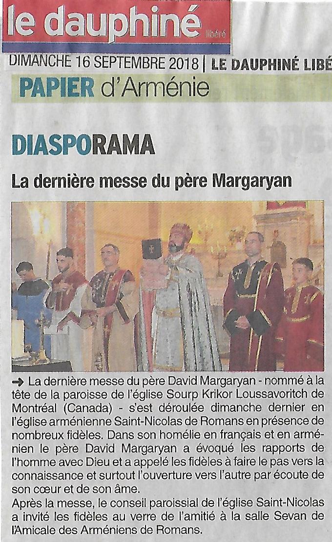« Le Dauphiné Libéré » (édition de Valence) : « la dernière messe du père Margaryan » à l’église St-Nicolas de Romans