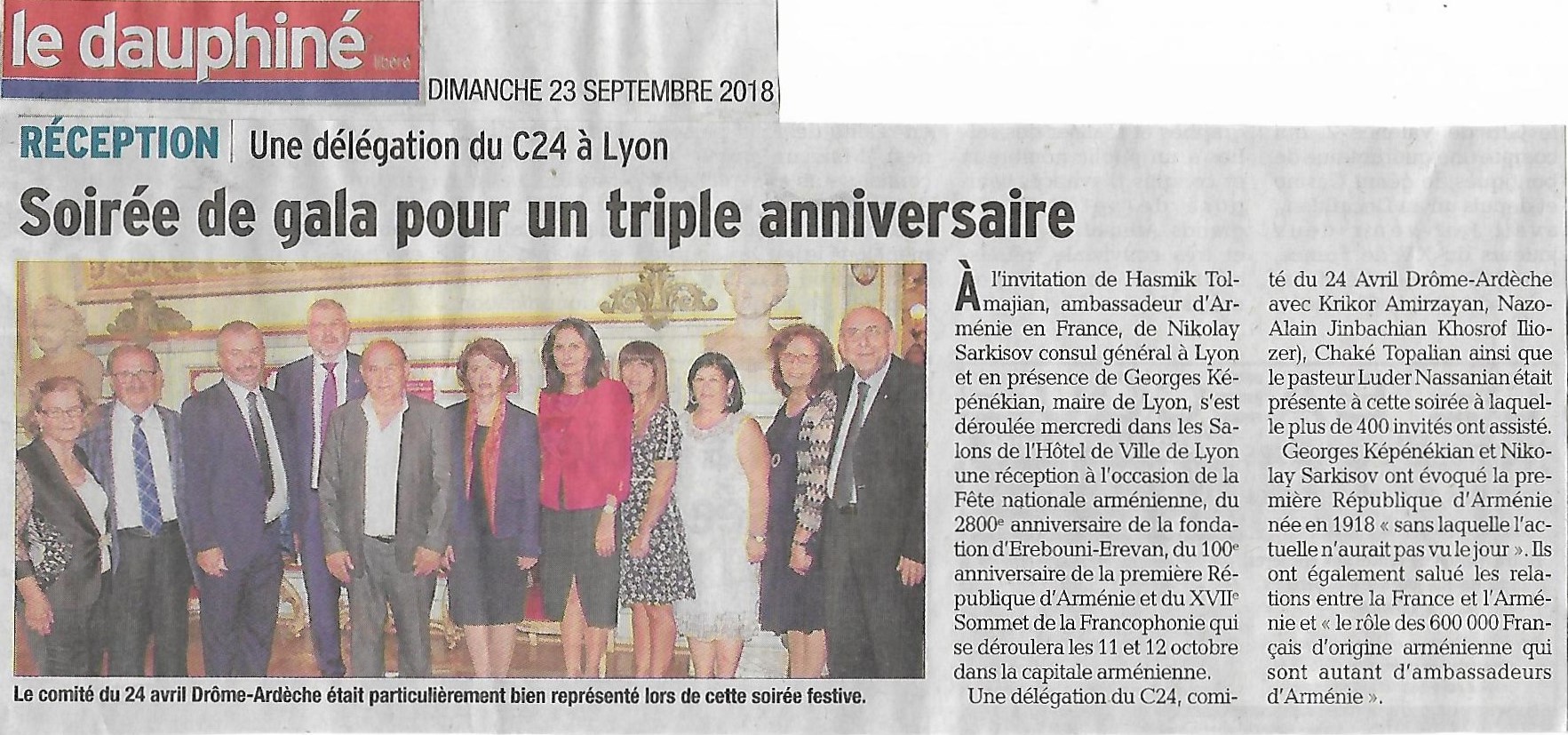 Le Dauphiné Libéré (édition de Valence): Une délégation du C24 à Lyon pour la Fête nationale de l’Arménie