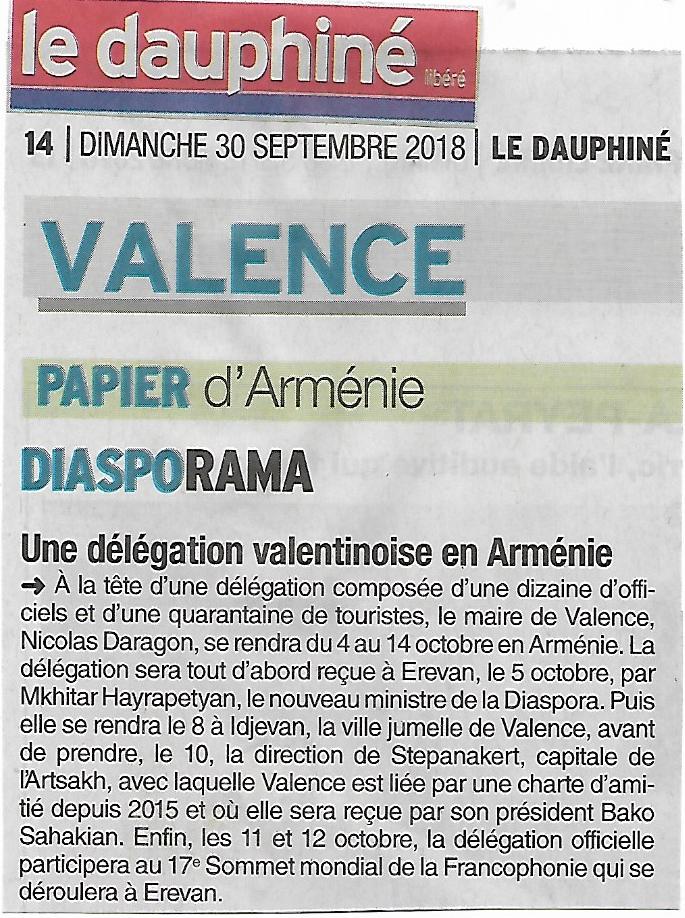 Le Dauphiné Libéré (édition de Valence): Une délégation valentinoise en Arménie
