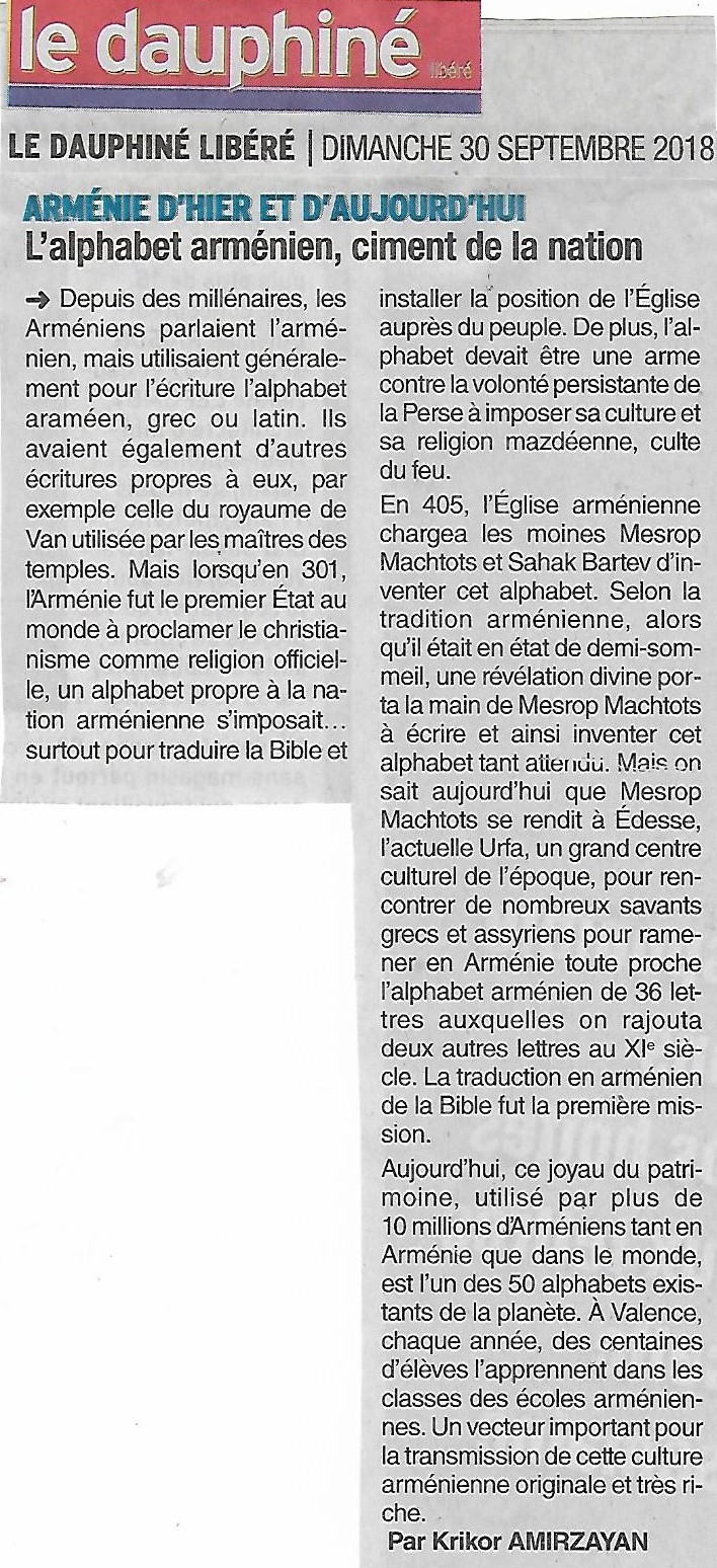 Le Dauphiné Libéré (édition de Valence): L’alphabet arménien, ciment de la nation