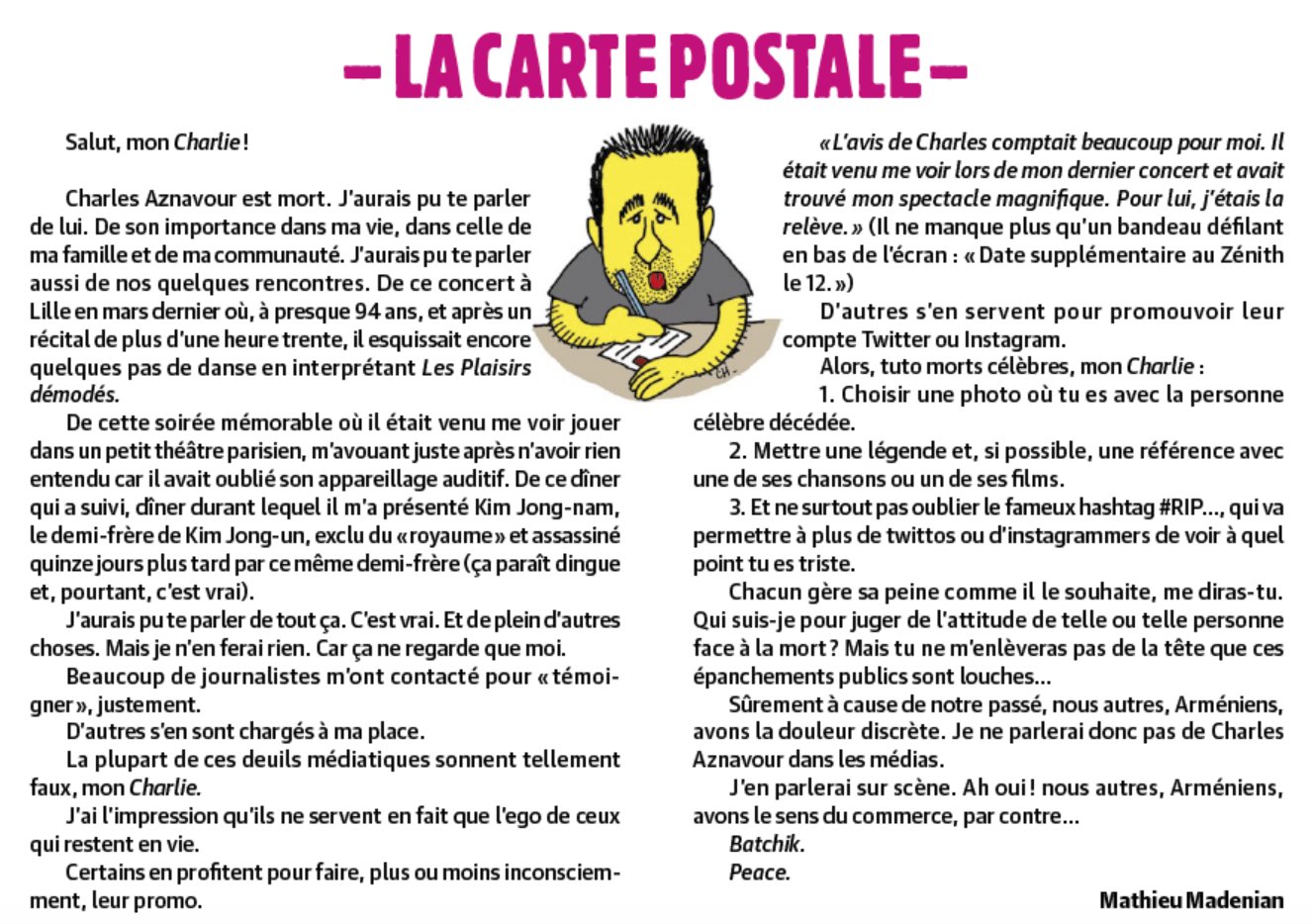 La carte postale de Mathieu Madénian : « Charles Aznavour est mort… »