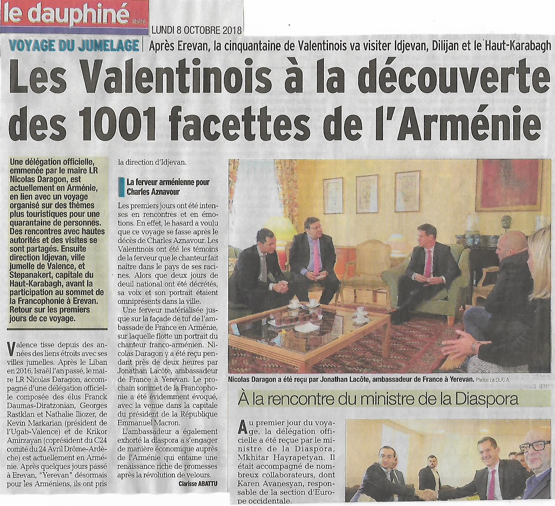 Le Dauphiné Libéré (édition de Valence) : la délégation de Valence en Arménie et en Artsakh
