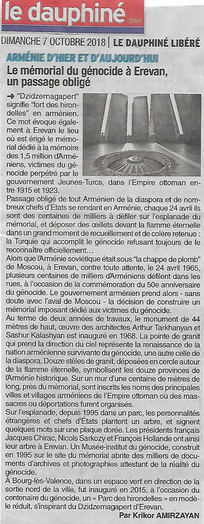 Le Dauphiné Libéré (édition de Valence) : L’histoire du mémorial du génocide des Arméniens à Erévan