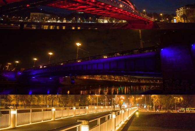 Trois ponts de Vilnius (Lituanie) éclairées aux couleurs du drapeau de l’Arménie à l’occasion du 2800e anniversaire d’Erévan