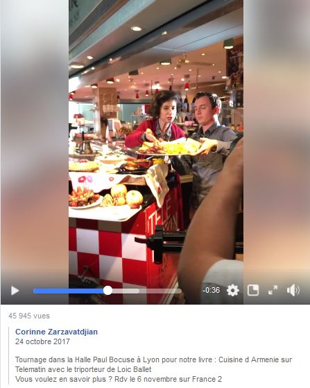 Tournage dans la Halle Paul Bocuse à Lyon pour notre livre : Cuisine d Armenie sur Telematin avec le triporteur de Loic Ballet