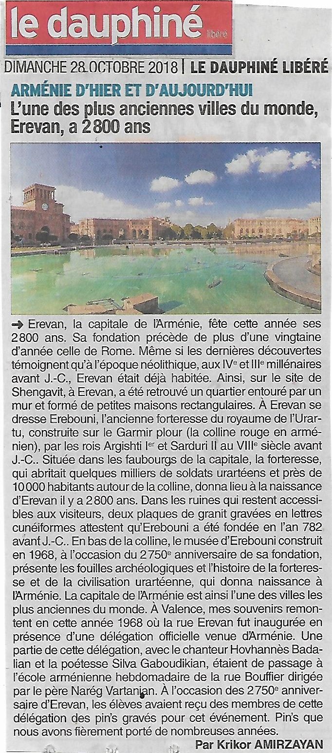 Le Dauphiné Libéré (édition de Valence): L’une des plus anciennes villes du monde, Erévan, a 2800 ans