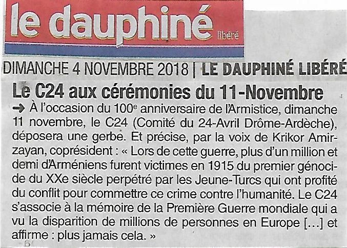 Le Dauphiné Libéré (édition de Valence): Le C24 participera aux cérémonies du 11 Novembre à Valence