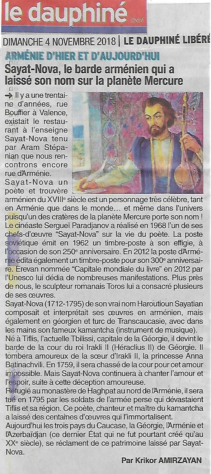 Le Dauphiné Libéré (édition de Valence): Sayat-Nova le barde arménien qui a laissé son nom sur la planète Mercure