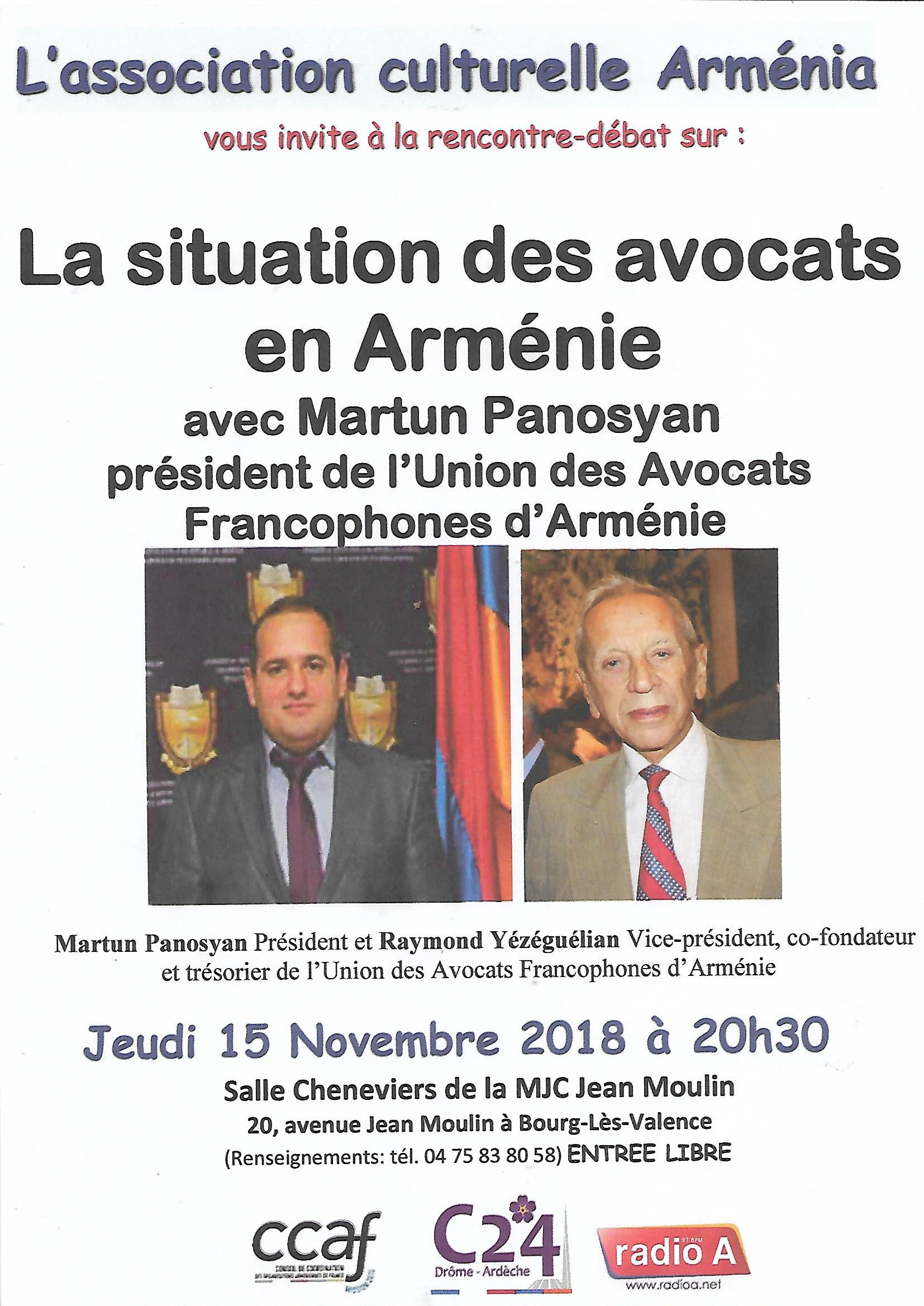 « Arménia » invite le 15 novembre à Bourg-Lès-Valence, Martun Panosyan le Président de l’Union des Avocats Francophones d’Arménie