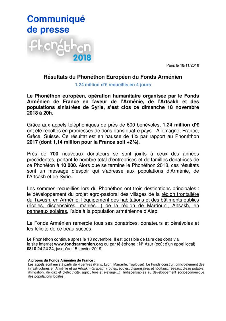 Résultats du Phonéthon Européen du Fonds Arménien