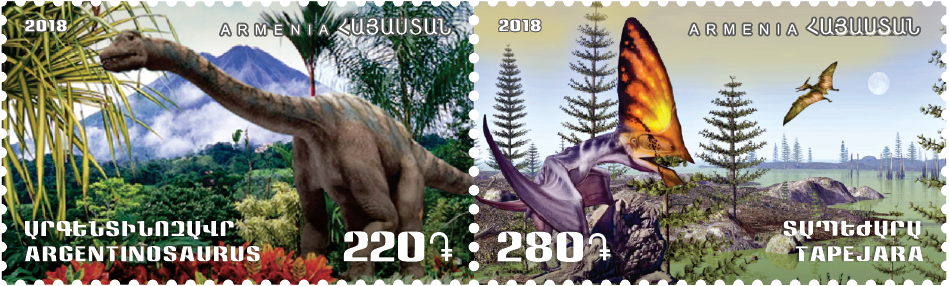 La poste d’Arménie émet une série de deux timbres-poste dédiés aux dinosaures Argentinosaurus et Tapejara