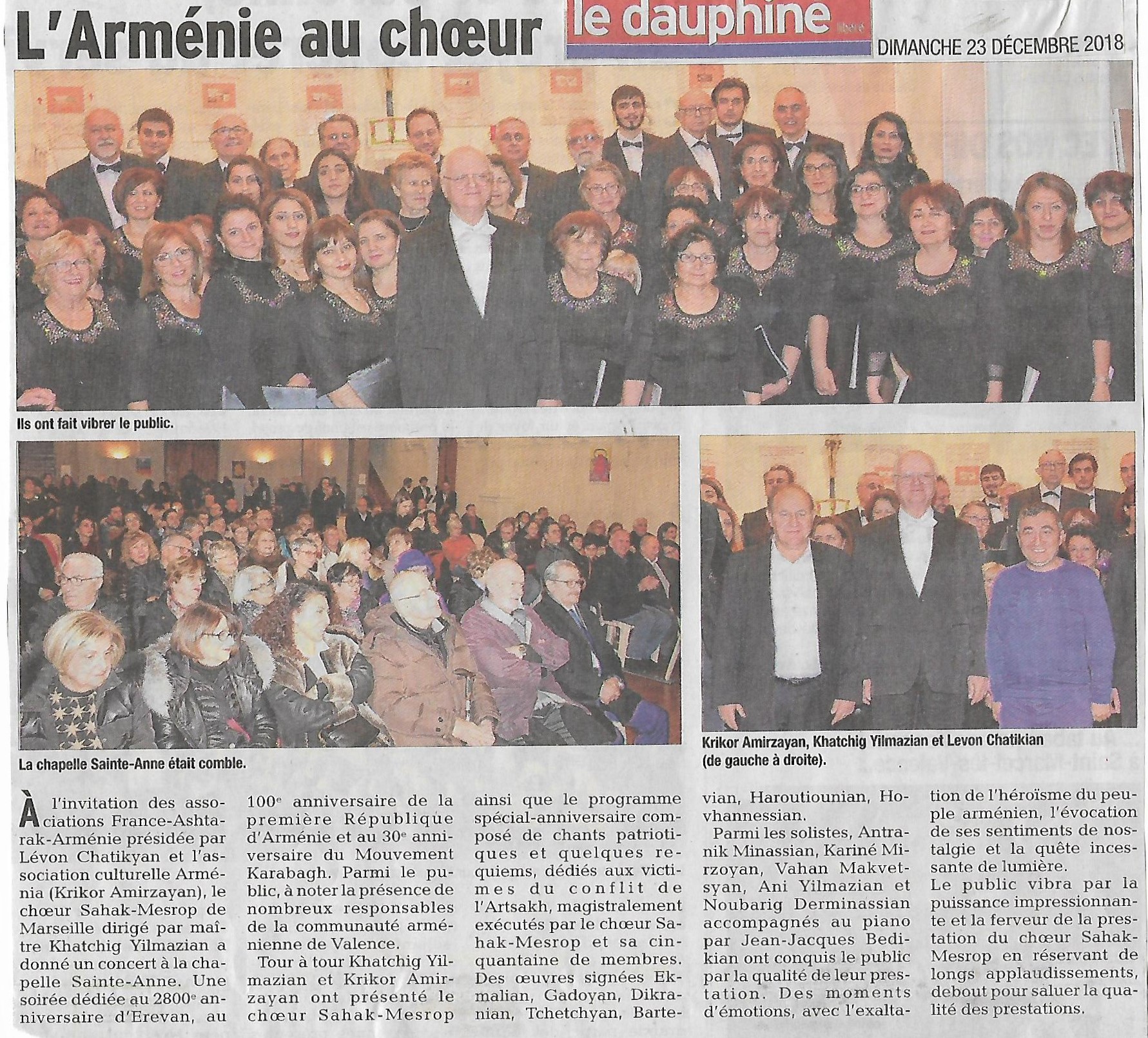 Le Dauphiné Libéré (édition de Valence): l’Arménie au coeur à l’occasion du concert du choeur Sahak-Mesrop à Valence
