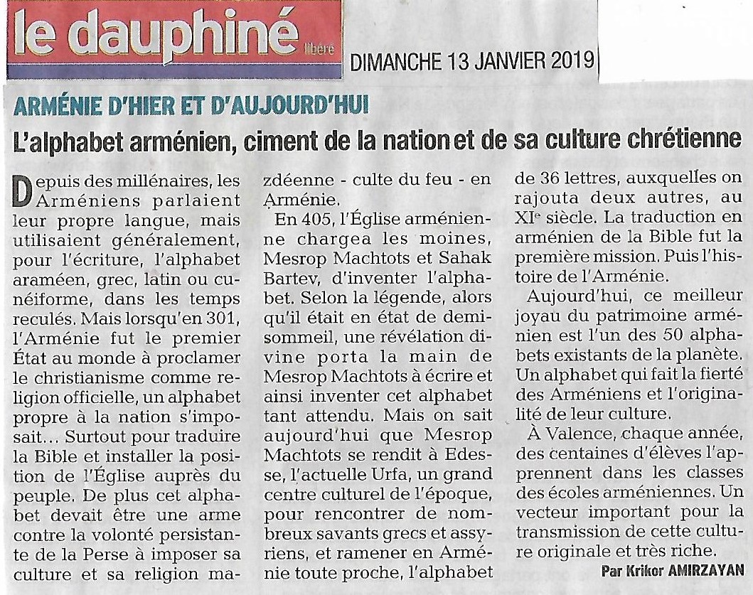 Le Dauhpiné Libéré (édition de Valence): L’alphabet arménien, ciment de la nation et de sa culture chrétienne