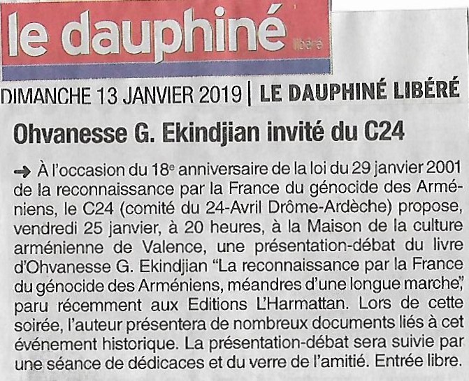 Le Dauphiné Libéré (édition de Valence): Ovanesse G. Ekindjian invité du C24 à Valence