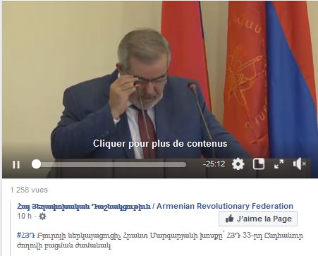 Discours d’ouverture du 33eme Congrès de la FRA Dachnaktsoutioun par le Président du Bureau Mondial Hrand Markarian.