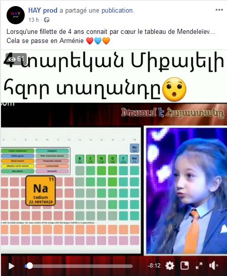 Lorsqu&rsquo;une fillette de 4 ans connait par cœur le tableau de Mendeleïev… Cela se passe en Arménie