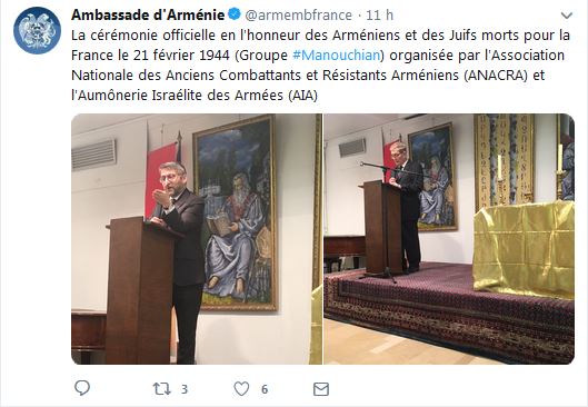 La cérémonie officielle en l&rsquo;honneur des Arméniens et des Juifs morts pour la France le 21 février 1944