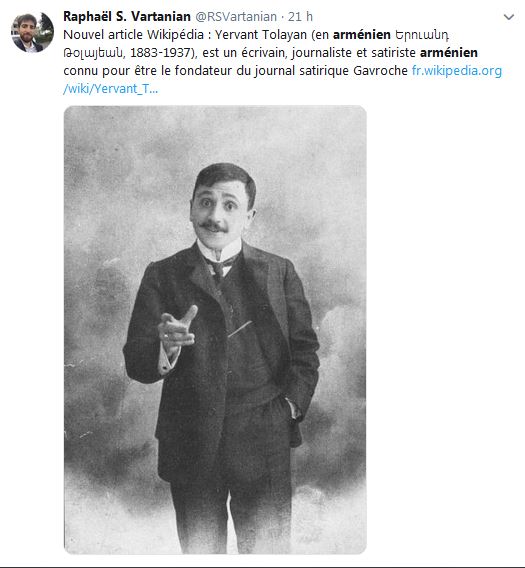 Nouvel article Wikipédia : Yervant Tolayan (en arménien Երուանդ Թօլայեան, 1883-1937)