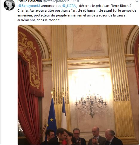 Martine Benyaoun annonce que ⁦la LICRA décerne le prix Jean-Pierre Bloch à Charles Aznavour