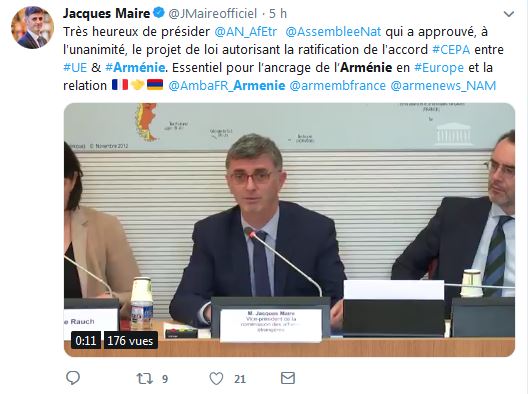 Jacques Maire : Très heureux de présider la commission des affaires étrangères de l&rsquo;Assemblée Nationale  qui a approuvé, à l&rsquo;unanimité, le projet de loi autorisant la ratification de l&rsquo;accord CEPA entre l&rsquo;UE & l&rsquo;Arménie