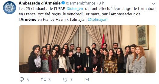 Les 26 étudiants de l’UFAR qui ont effectué leur stage de formation en France, ont été reçus, le vendredi 1er mars, par l&rsquo;Ambassadeur de l&rsquo;Arménie en France Hasmik Tolmajian