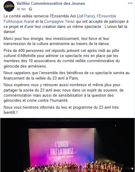 Le comité veillée remercie l’Ensemble Ani (Jaf Paris), l’Ensemble Folklorique Ararat et la Compagnie Yeraz