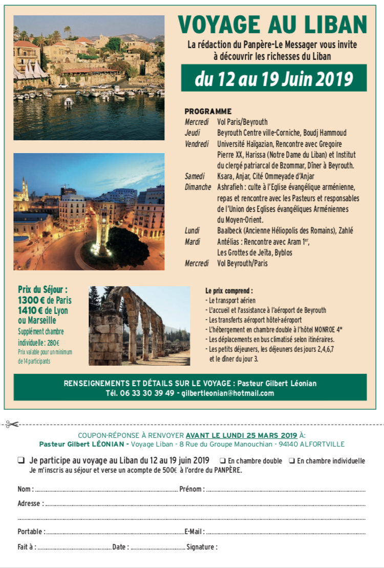 Séjour du 12 au 19 avril au Liban avec l’Eglise évangélique arménienne avec découvertes et rencontres de la communauté arménienne
