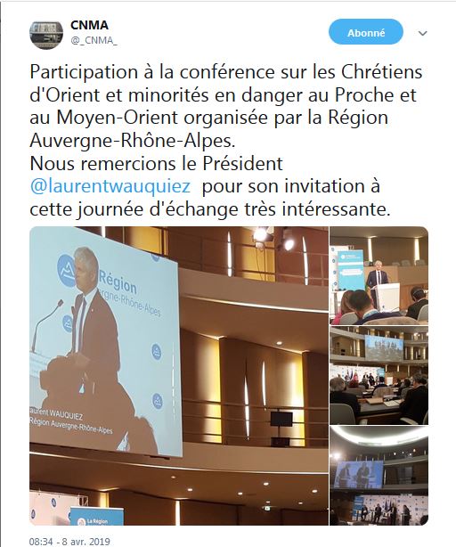 Participation à la conférence sur les Chrétiens d&rsquo;Orient et minorités en danger au Proche et au Moyen-Orient organisée par la Région Auvergne-Rhône-Alpes
