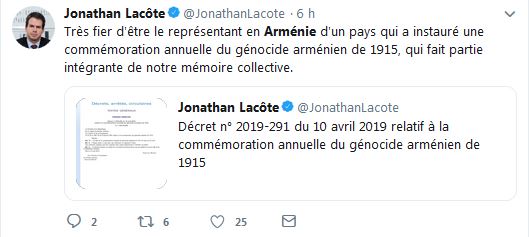 Très fier d&rsquo;être le représentant en Arménie d&rsquo;un pays qui a instauré une commémoration annuelle du génocide arménien de 1915, qui fait partie intégrante de notre mémoire collective.
