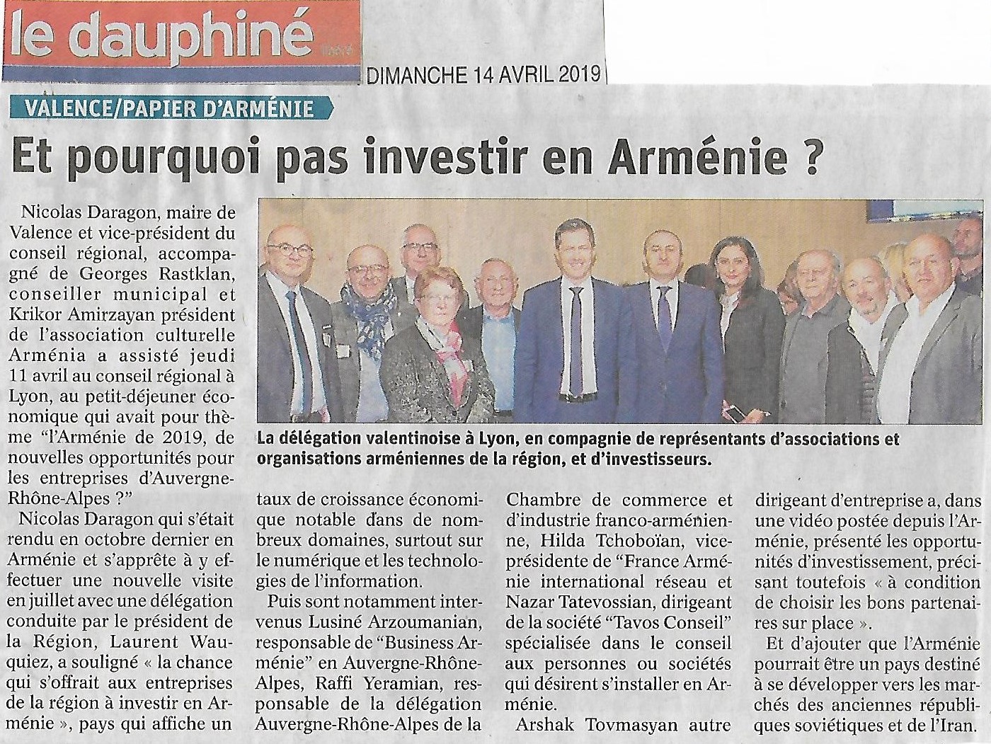 Le Dauphiné Libéré (édition de Valence): la délégation valentinoise au Conseil régional à Lyon pour la conférence sur les investissements en Arménie