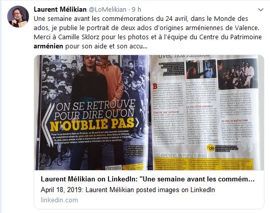 Une semaine avant les commémorations du 24 avril, dans le Monde des ados, je publie le portrait de deux ados d&rsquo;origines arméniennes de Valence