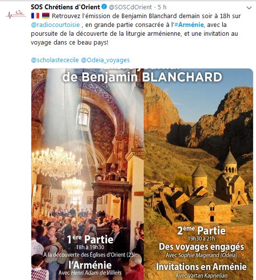 Retrouvez l’émission de Benjamin Blanchard demain soir à 18h sur radio courtoisie , en grande partie consacrée à l’Arménie