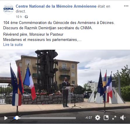 104 ème Commémoration du Génocide des Arméniens à Décines. Discours de Razmik Demirdjian secrétaire du CNMA.