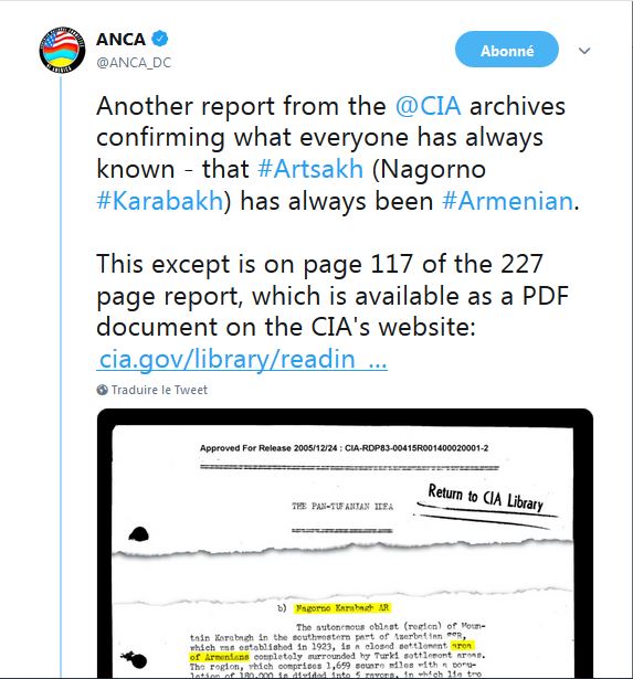 Un rapport de la CIA confirme que l&rsquo;Artsakh a toujours été arménien