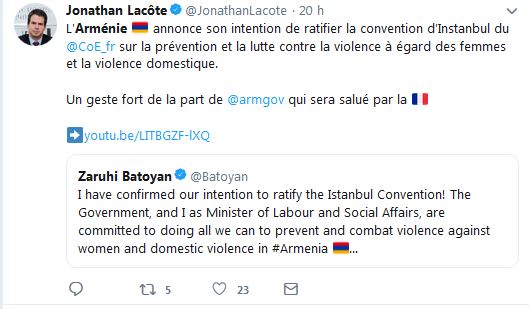 L&rsquo;Arménie annonce son intention de ratifier la convention d&rsquo;Instanbul sur la prévention et la lutte contre la violence à égard des femmes et la violence domestique.