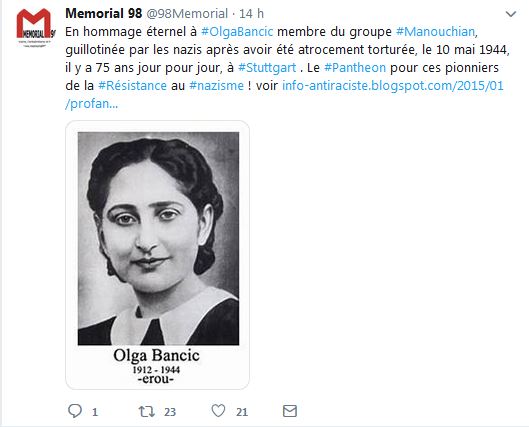 En hommage éternel à Olga Bancic membre du groupe Manouchian