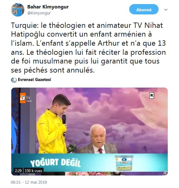 Turquie: le théologien et animateur TV Nihat Hatipoğlu convertit un enfant arménien à l’islam.