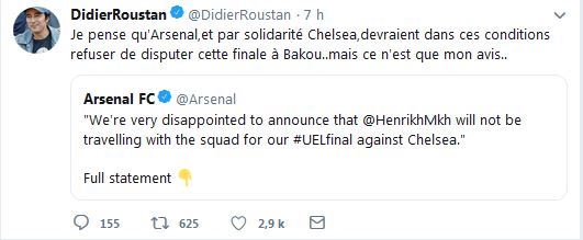 Didier Roustan : Je pense qu&rsquo;Arsenal,et par solidarité Chelsea,devraient dans ces conditions refuser de disputer cette finale à Bakou..mais ce n&rsquo;est que mon avis..