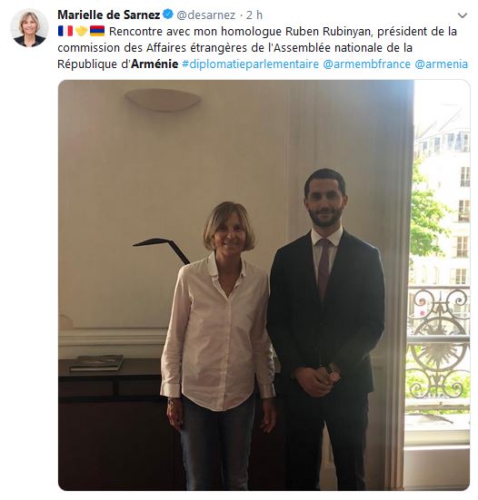 Marielle de Sarnez ‏-Rencontre avec mon homologue Ruben Rubinyan, président de la commission des Affaires étrangères de l&rsquo;Assemblée nationale de la République d&rsquo;Arménie