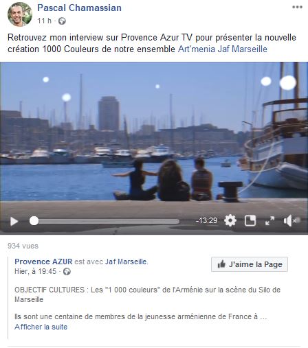 Retrouvez mon interview sur Provence Azur TV pour présenter la nouvelle création 1000 Couleurs de notre ensemble Art&rsquo;menia Jaf Marseille