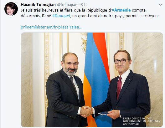 Je suis très heureuse et fière que la République d’Arménie compte, désormais, René Rouquet, un grand ami de notre pays, parmi ses citoyens