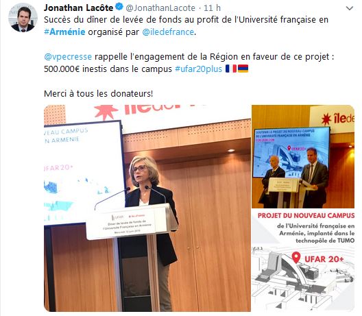 Succès du dîner de levée de fonds au profit de l&rsquo;Université française en Arménie