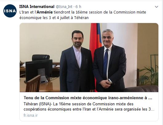 L’Iran et l’Arménie tiendront la 16ème session de la Commission mixte économique les 3 et 4 juillet à Téhéran