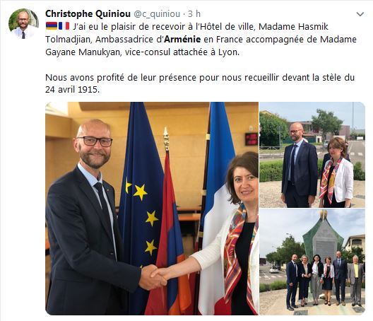 Christophe Quiniou ‏:J’ai eu le plaisir de recevoir à l’Hôtel de ville, Madame Hasmik Tolmadjian, Ambassadrice d’Arménie en France