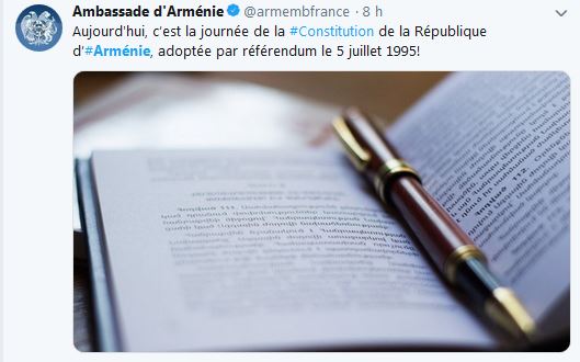 Aujourd&rsquo;hui, c’est la journée de la Constitution de la République d’Arménie, adoptée par référendum le 5 juillet 1995!
