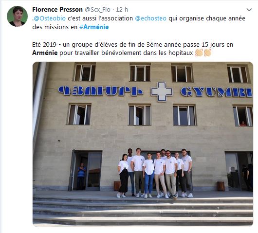 Eté 2019 – un groupe d’élèves de fin de 3ème année passe 15 jours en Arménie pour travailler bénévolement dans les hopitaux