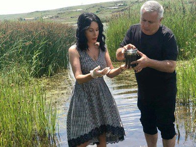 La députée Naïra Zohrabyan met les pieds dans l’eau du Sevan pollué par les algues pour effectuer un prélèvement qui sera analysé en Géorgie